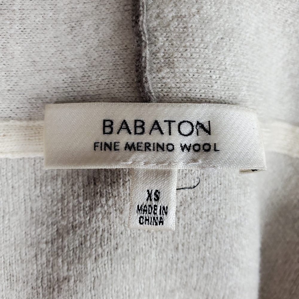 Babaton Fine Merino Wool Cardigan Shawl Collar Taupe Cream Patch Pockets XS - Picture 2 of 10